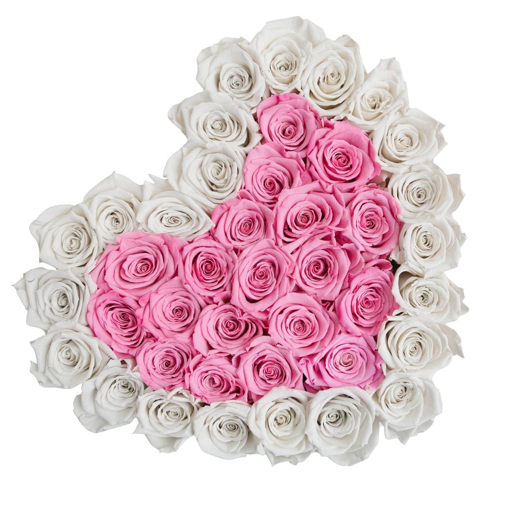 TRANDAFIRI CRIOGENAȚI ROZ-BOMBON ȘI ALBI ÎN CUTIE THE MILLION HEART’ TIP INIMĂ VANILLA CREM