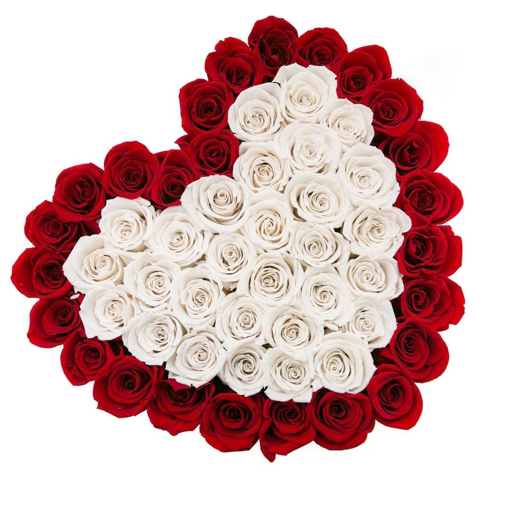 TRANDAFIRI CRIOGENAȚI ROȘII ȘI ALBI ÎN CUTIE ‘THE MILLION HEART’ TIP INIMĂ VANILLA CREM