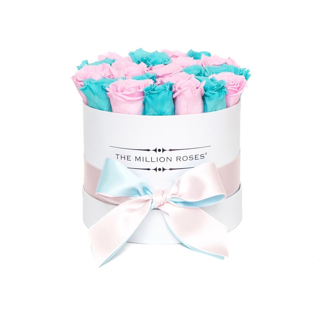TRANDAFIRI CRIOGENAȚI ALBASTRI TIFFANY ȘI ROZ ÎN CUTIE ALBĂ MICĂ