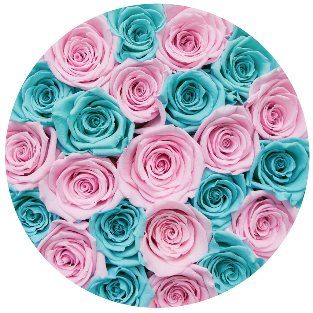 TRANDAFIRI CRIOGENAȚI ALBASTRI TIFFANY ȘI ROZ ÎN CUTIE ALBĂ MICĂ