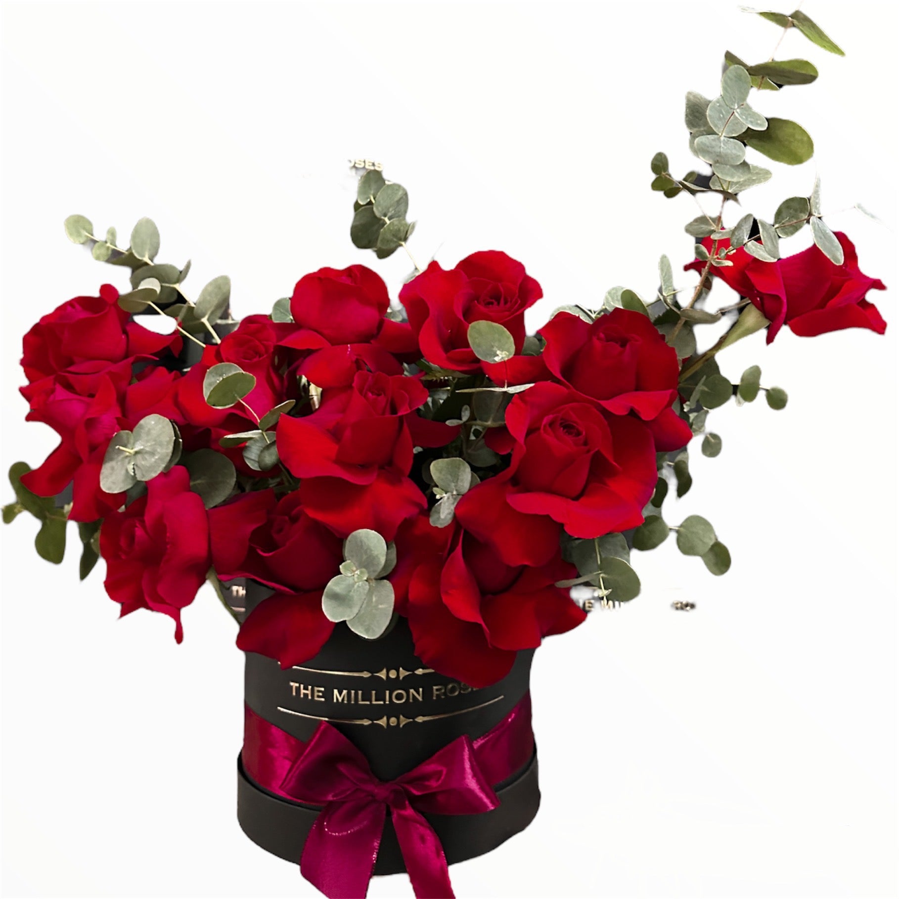 Trandafiri rosii & eucalipt in cutie - Drama queen