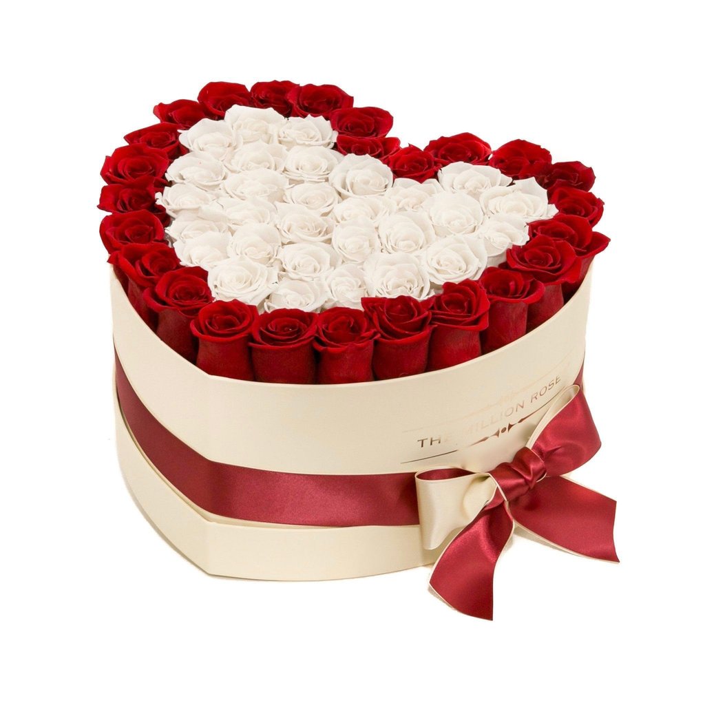 TRANDAFIRI CRIOGENAȚI ROȘII ȘI ALBI ÎN CUTIE ‘THE MILLION HEART’ TIP INIMĂ VANILLA CREM